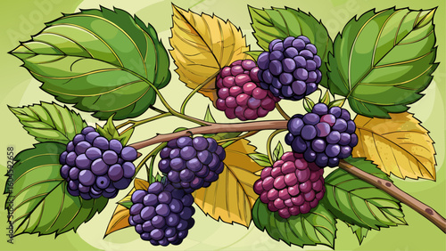 Cartoon blackberry branch with ripe and ripening berries, surrounded by green and yellow leaves on a light background