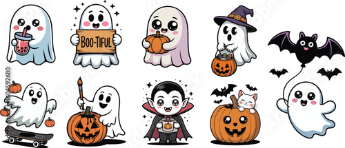 Cute cartoon ghosts and halloween characters for spooky season designs