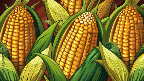 Cartoon illustration of golden corn cobs with green husks tightly packed in a vibrant harvest display