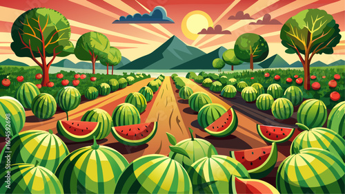 Colorful cartoon watermelon field at sunset with sliced fruits, mountain background, apple trees and radiant sunrays in a vibrant summer countryside scene