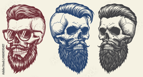 Barber Shop logo, Vintage Bearded Barber Skull With Stylish Hairstyle, Vector illustration