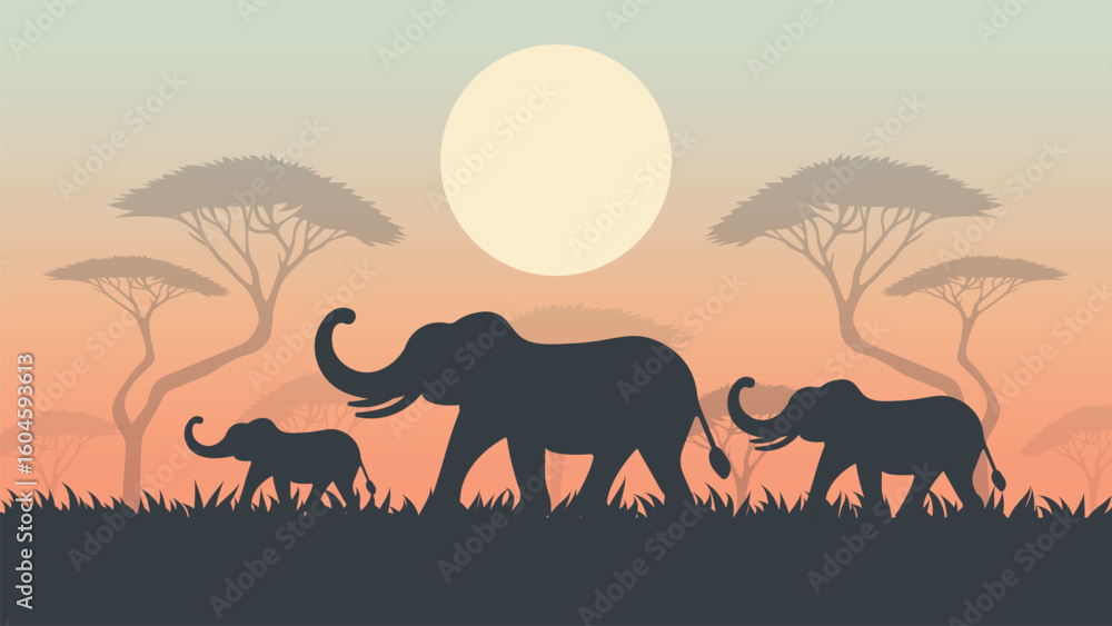 Obraz premium Elephants Walking in African Savannah at Sunset Flat Vector Illustration.