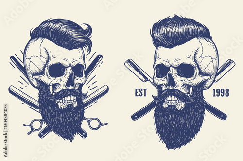 Barber Shop logo, Vintage Bearded Barber Skull With Stylish Hairstyle, Vector illustration