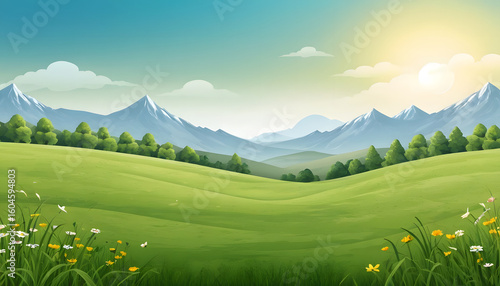 summer landscape with mountains and green grass