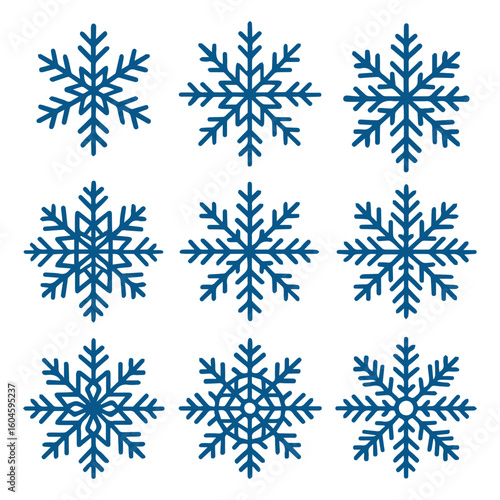Blue snowflake icon set isolated on white background