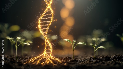 Wallpaper Mural a glowing DNA strand emerging from the soil, illuminating small plants in a garden Torontodigital.ca