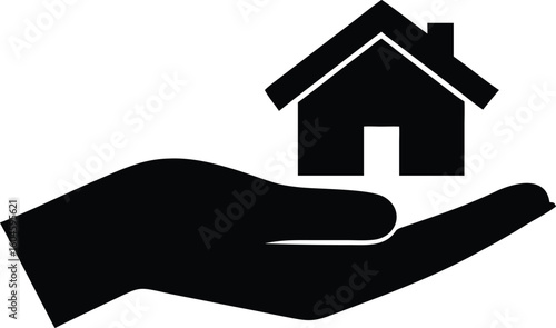 Black silhouette of a house resting on a human hand, real estate