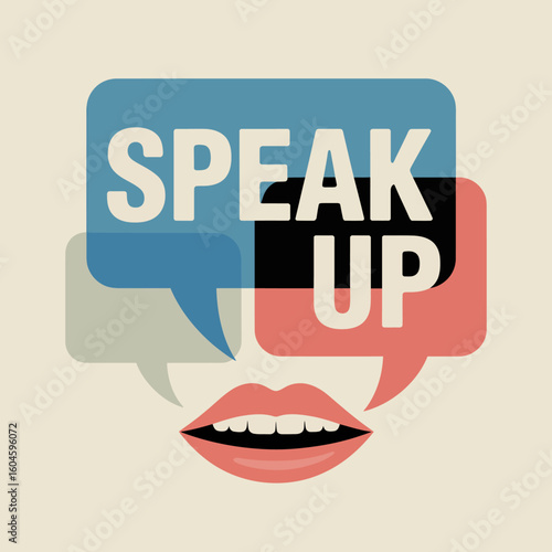 Vibrant speech bubbles with bold text encourage vocal expression and open communication featuring realistic lips