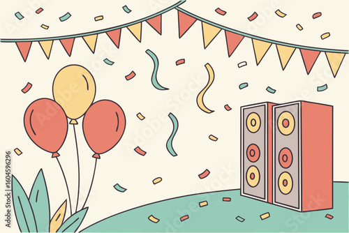 Celebration with balloons speakers and confetti