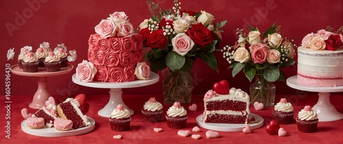 Valentines floral dessert setup with red velvet cakes rose cupcakes and heart cookies shining romantically on classic red background
