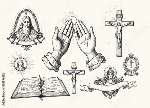 Vintage religious illustrations of crosses, praying hands, holy books, crucifixion scenes, and Christian symbols in detailed engraving style.