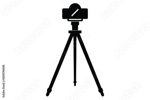 Black Silhouette of Movie Camera on Tripod, Isolated on White Background