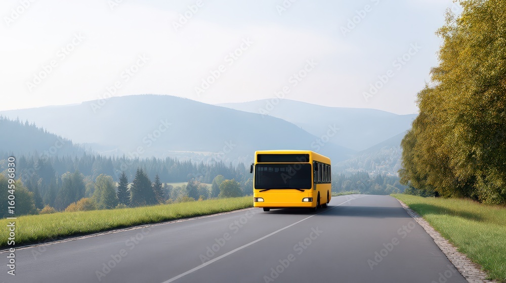 Obraz premium Sunny hilltop road with one electric bus in motion, Electric school bus