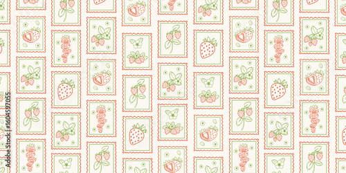Hand drawn strawberry postcard seamless pattern. Botanical fruit design with frames, leaves, flowers. Seamless summer berry background. Vector doodle illustration.