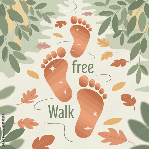 Footprints on a leafy path suggesting a free and invigorating walk through nature s autumnal beauty