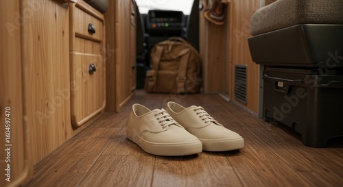 Beige Canvas Shoes on Wooden Floor Inside Camper Van, Travel Ready