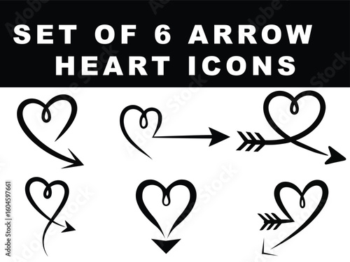 Six heart arrow icons showcase love and direction, a perfect graphic resource for design projects and creative endeavors.
