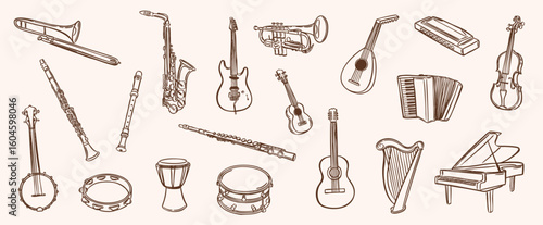 set of music instrument illustration - hand drawn sketch doodle vector