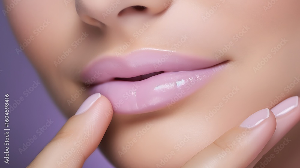 Fototapeta premium Feminine portrait with floating hands around the face, lilac French nails creating soft lines, vivid lavender lips the central focus, full frame .