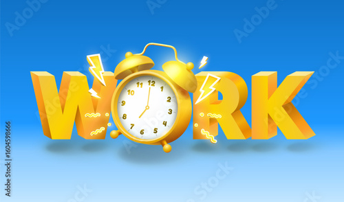Alarm clock for work, text banner, office day. Vector illustration