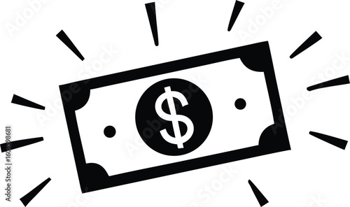 Shining Dollar Bill Icon Black and White Illustration of Money with Currency Symbol
