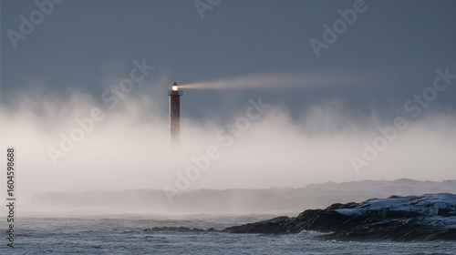 Møre og Romsdal lighthouse beam piercing maritime fog: navigation symbolism. Safety concept for awareness posters, adventure book illustrations, or coastal branding.