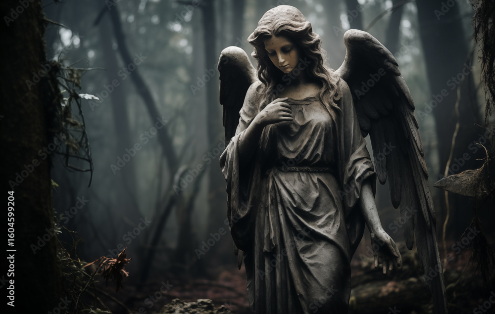 Naklejka premium A beautifully carved angel statue gracefully holds its hand to its chest, surrounded by a fog-laden forest. The scene evokes a sense of tranquility and mystery, captivating the viewer