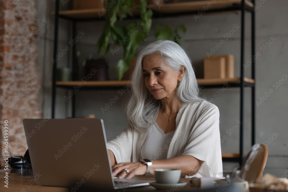 A mature Hispanic woman designs a comprehensive employee feedback survey on her computer, fine-tuning questions to ensure inclusivity, A mature Hispanic woman designs a comprehensive employee feedback survey on her computer, fine-tuning questions to ensure inclusivity,