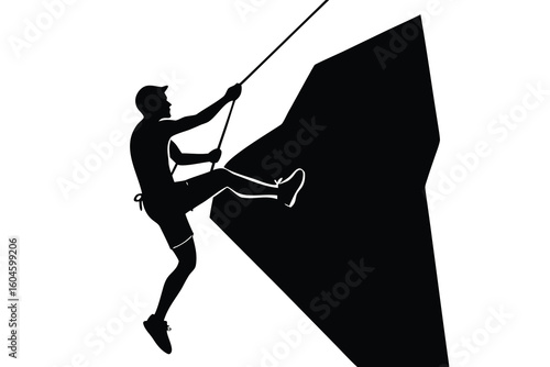 Silhouette of a Climber Ascending a Rock Face with Rope on White Background