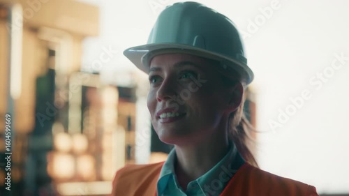 Female engineer wearing safety gear and hardhat in refinery