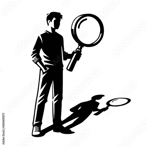 Person holding magnifier with silhouette and shadow on white backdrop. Search with magnifier reveals deeper meaning and hidden details.