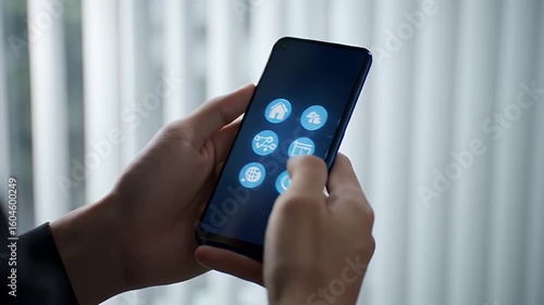 Wallpaper Mural Man Holding a Smart Phone with Icons on the Screen Display Against a Window Minimalist Design for Modern Home Automation Control System Torontodigital.ca