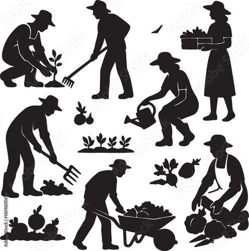 Set of gardeners vegetable growers black silhouettes
 on white background	