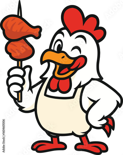 Happy Cartoon Chicken Chef Holding Satay Skewer