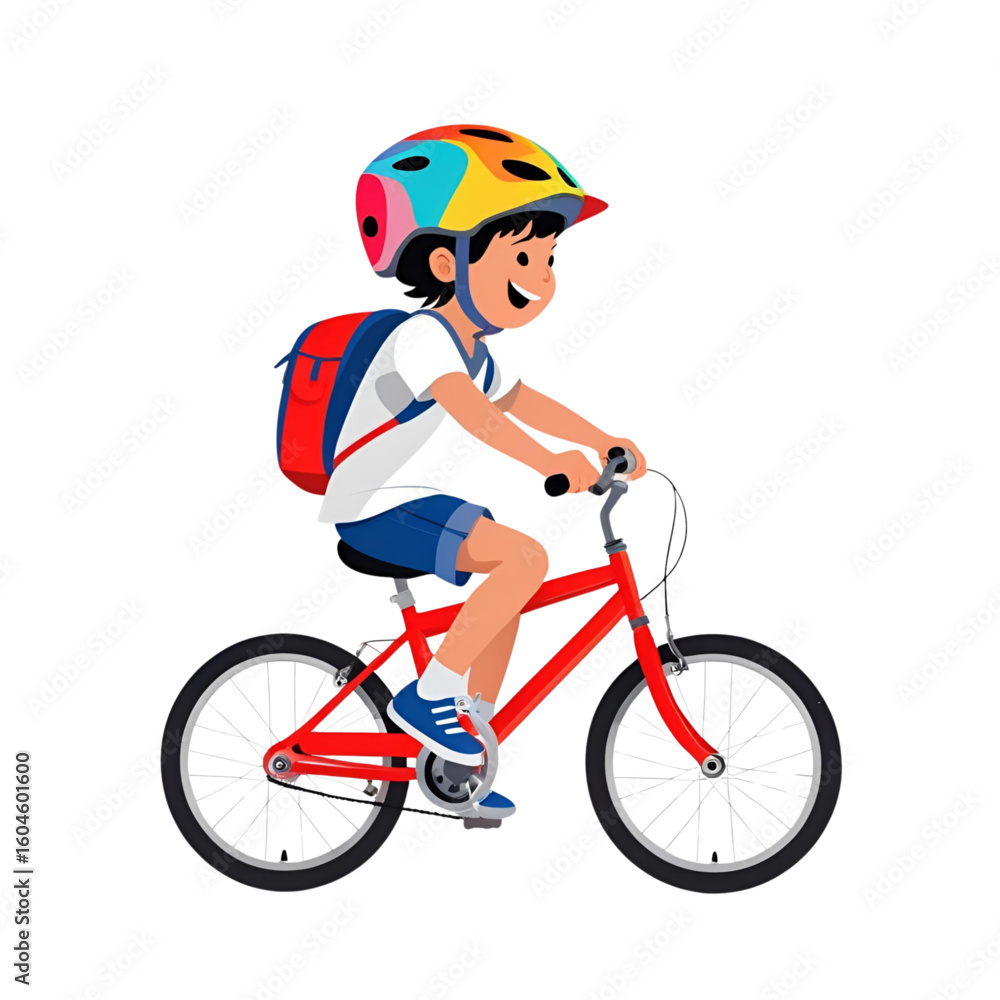 Fototapeta premium Happy child riding bicycle with helmet and backpack – vector illustration