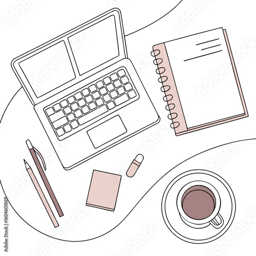 Minimalist desk setup with laptop notebook pen and coffee