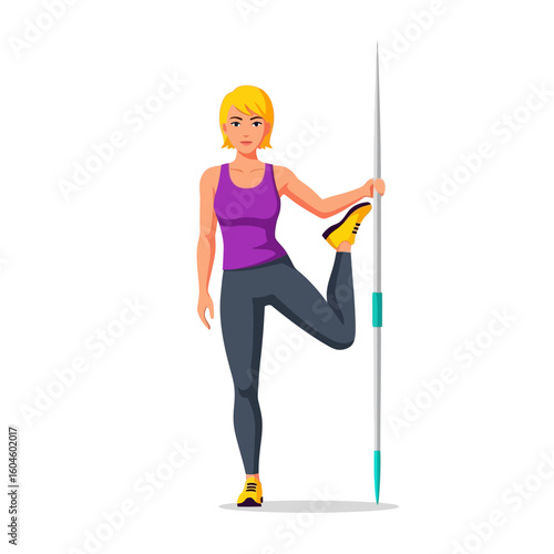 Woman Athlete Stretching Leg with Javelin for Exercise Preparation