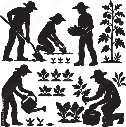 Set of gardeners vegetable growers black silhouettes
 on white background	