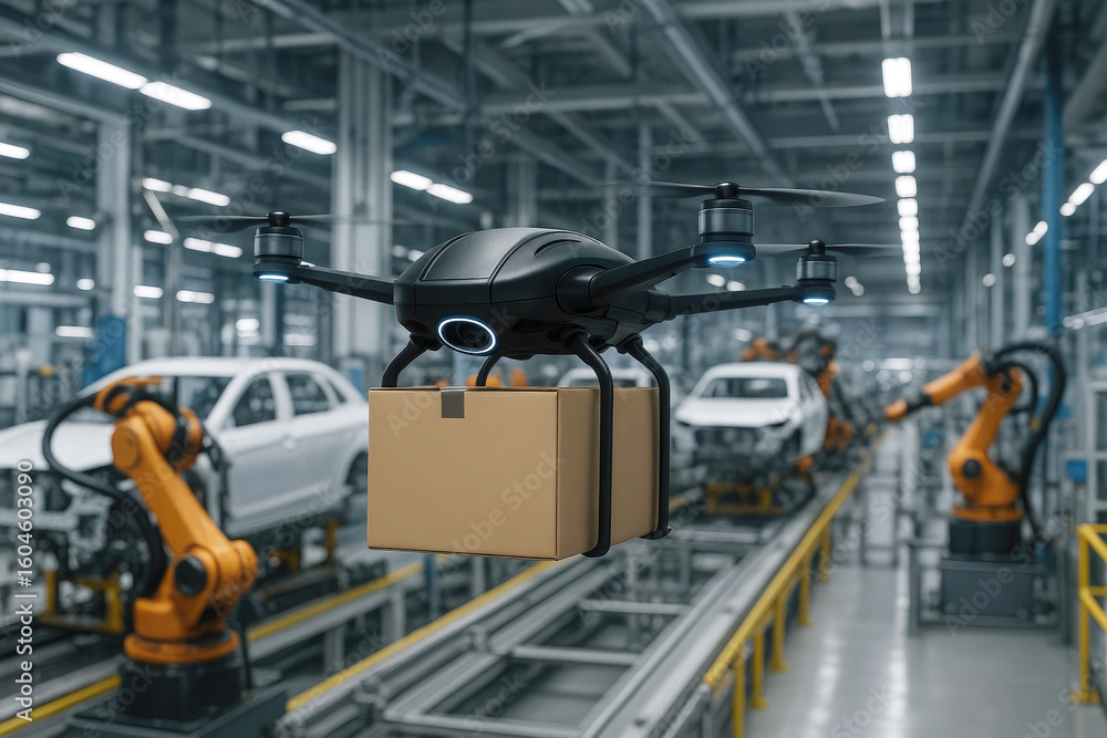 Fototapeta premium Futuristic drone carrying package in automated factory delivery