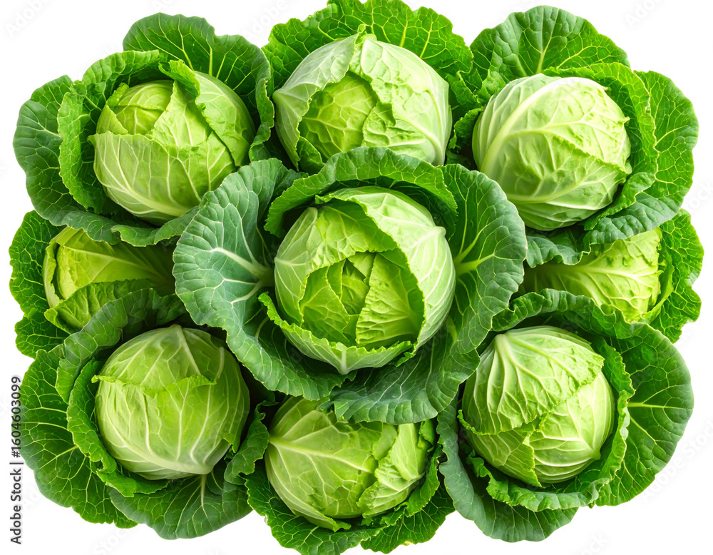 Fototapeta premium Top-Down View of Fresh Green Cabbages in Circular Formation, Clean White Background, Isolated PNG