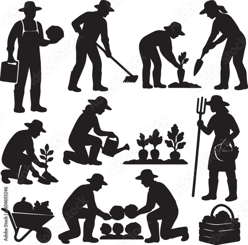 Set of gardeners vegetable growers black silhouettes
 on white background	