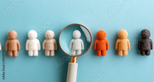 Exploring Diversity and Inclusion: A Magnifying Glass Highlights Differences Among Figurines Representing Various Identities and Perspectives
