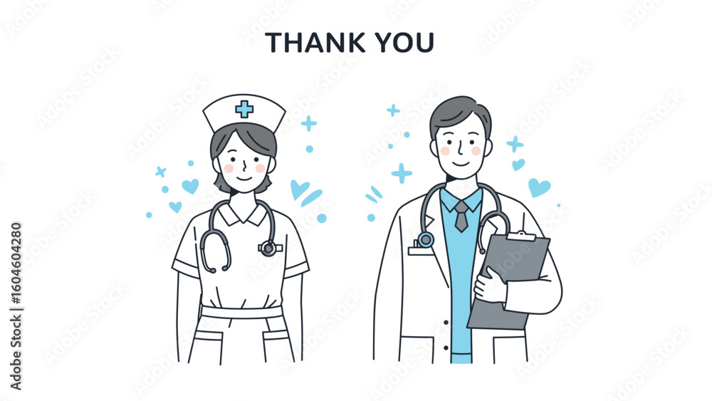 Nurse and doctor together with hearts and thank you message Nurse and doctor together with hearts and thank you message