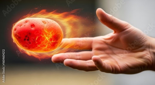 A literal hot potato ignites with flames and lightning as it hovers above an outstretched hand. Creative and surreal visual pun
