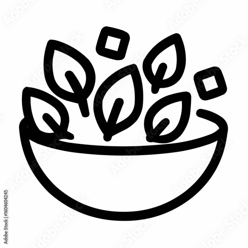 Salad Bowl. Round bowl with five leaf shapes and two crouton squares. Healthy eating.