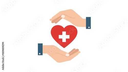 Hands protecting red heart with medical cross symbol in flat design  