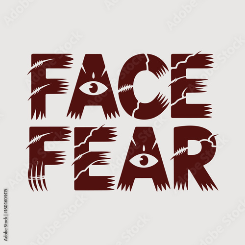 Bold cracked typography featuring an eye in the center of face and fear evoking a sense of unease and psychological horror