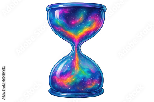 Colorful nebula swirling within transparent hourglass, representing cosmic spacetime flow and ethereal astronomical concept