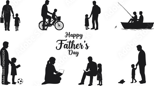 Father’s Day silhouette vector illustration, dad spending time with daughter, walking, reading, biking, fishing, bonding moments, black family design