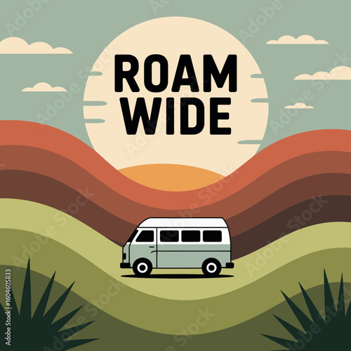 Retro van adventure under a setting sun with roam wide text amidst rolling hills and clouds